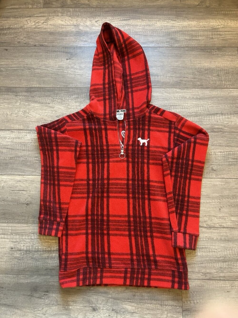 PINK Victoria's Secret Medium Polar Fleece Red Black Plaid Half-Zip Hoodie Gift - Picture 2 of 11
